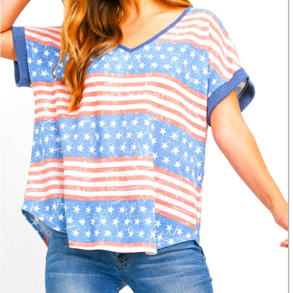 4th of July American Flag Ribbed Neck and Sleeve T-shirt
